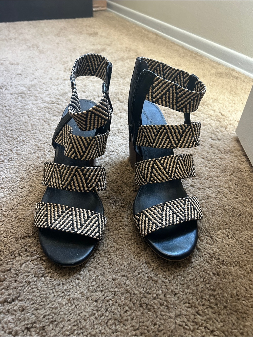 Universal Thread Black and Natural Woven Multi-Strap Block Heel Sandals